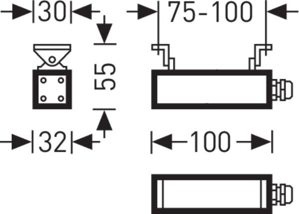 Technische Zeichnung eines rechteckigen Metallprofils mit Maßen: Höhe 30 mm, Breite 100 mm. Seitliche Schraubbefestigungen angegeben.