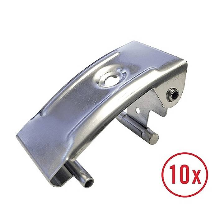 Metallhalterung mit glatter Oberfläche und Schraubenlöchern; zeigt ein Bauteilpaket von 10 Stück, hervorgehoben durch eine rote '10x'-Markierung.