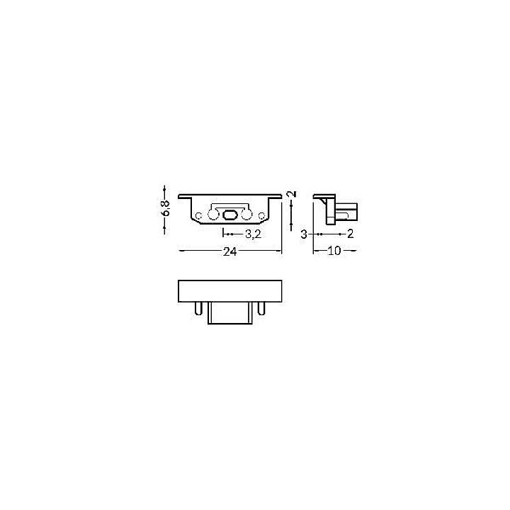 Technische Zeichnung: Maße und Seitenansichten eines kleinen rechteckigen Teils, Breite 24, Tiefe 3,2, Höhe 6,8 mm, weitere Maße 3,2 x 2 mm.