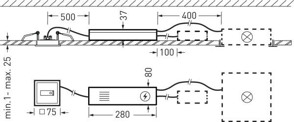 Technische Zeichnung einer elektrischen Verdrahtung. Zeigt Maße und Komponenten, inklusive eines Schalters, einer Box und Kabelverbindungen.