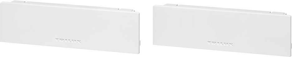 Zwei weiße Heizkörperabdeckungen aus Kunststoff, jeweils mit Lüftungsschlitzen und einer schlichten geometrischen Form.