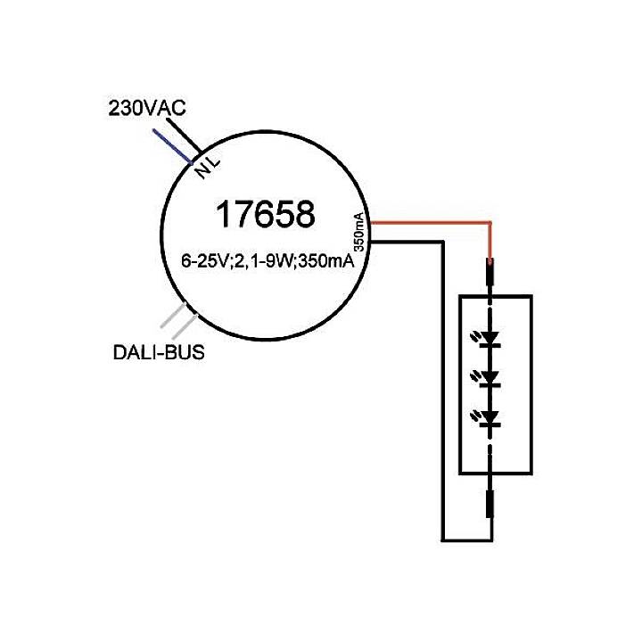 Schaltplan für ein Gerät mit 230V AC Eingang, DALI-Bus Verbindung und 350mA Ausgang zu LEDs. Gerät hat Markierung 17658.