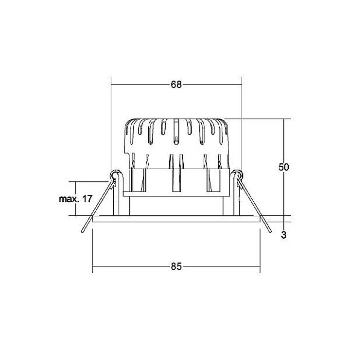 Diagramm einer Deckenleuchte mit den Maßen: Breite 85 mm, Höhe 50 mm, Einbautiefe max. 17 mm. Draufsicht zeigt runde Form.