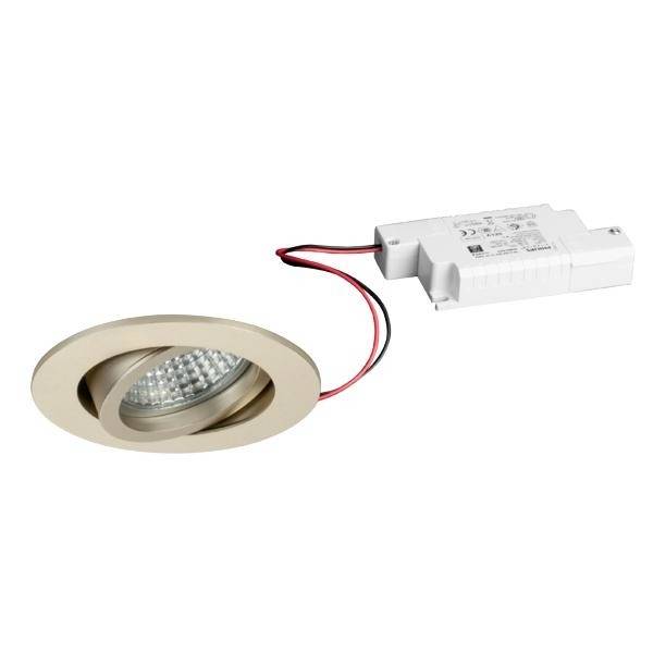 Ein rundes, schwenkbares LED-Einbauleuchtenmodul in Silber mit angeschlossenem weißen Trafo, geeignet für Deckeninstallation.