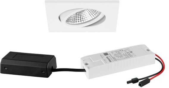LED-Deckeneinbauspot mit weißer Blende. Im Vordergrund liegt ein weißes LED-Treiber-Modul mit Anschlusskabel.