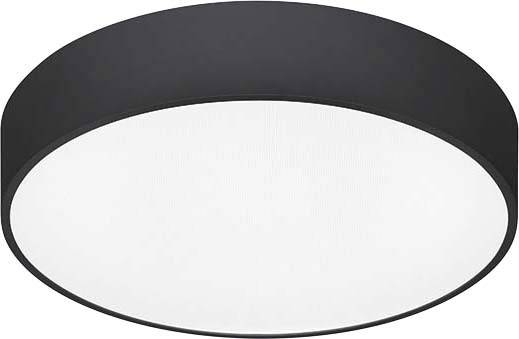 Eine runde Deckenleuchte mit schwarzem Rahmen und weißem Diffusor; schlichtes Design für gleichmäßige Lichtverteilung.