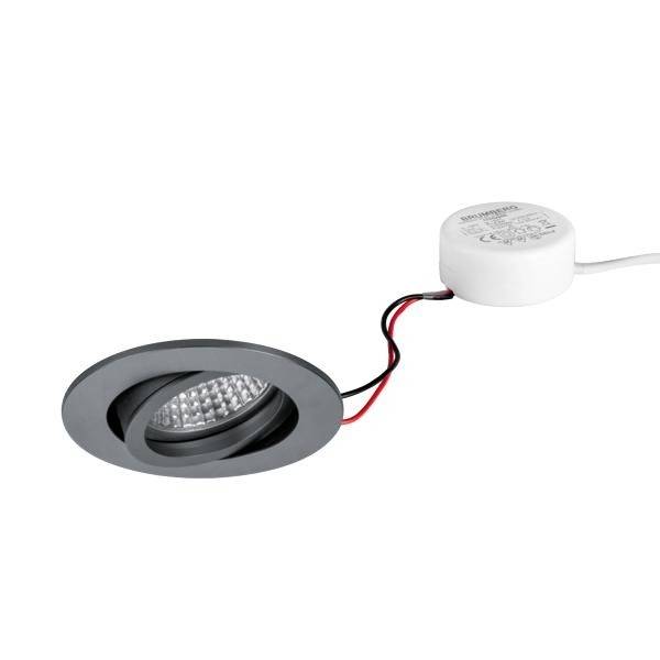 Einbau-LED-Spot in Schwarz mit rundem Rahmen und verbundenem Transformator. Spot zeigt eine strukturierte Linse. Ideal für Innenbeleuchtung.