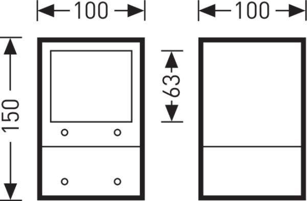 Technische Zeichnung eines rechteckigen Schranks mit Maßen: 150 cm hoch, 100 cm breit. Links zeigt eine Vorderansicht, rechts eine Seitenansicht.