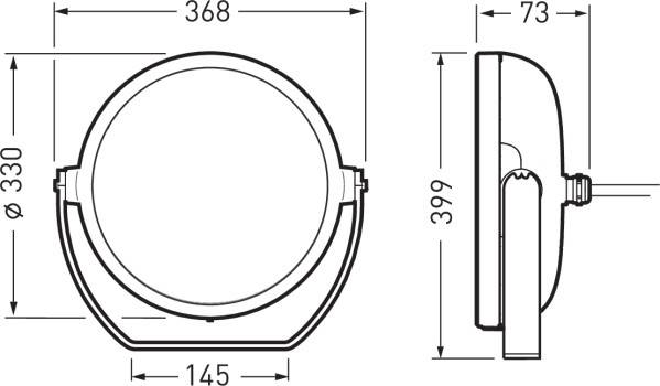 Technische Zeichnung eines runden Scheinwerfers mit Maßen: Durchmesser 330 mm, Tiefe 73 mm, Höhe 399 mm, Breite 368 mm.