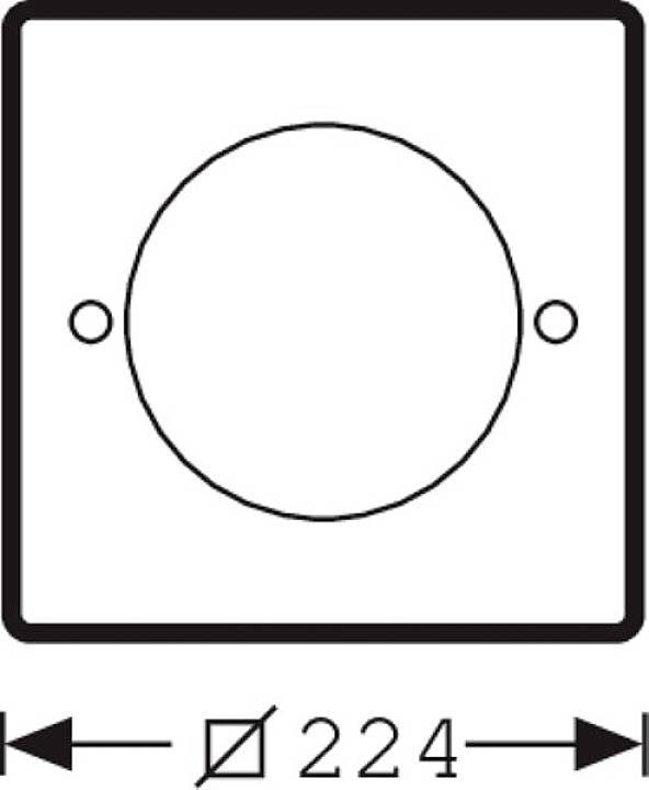 Skizze eines quadratischen Bauteils mit einem großen Kreis in der Mitte. Zwei kleine Löcher auf beiden Seiten des Kreises. Maße: Ø 224.