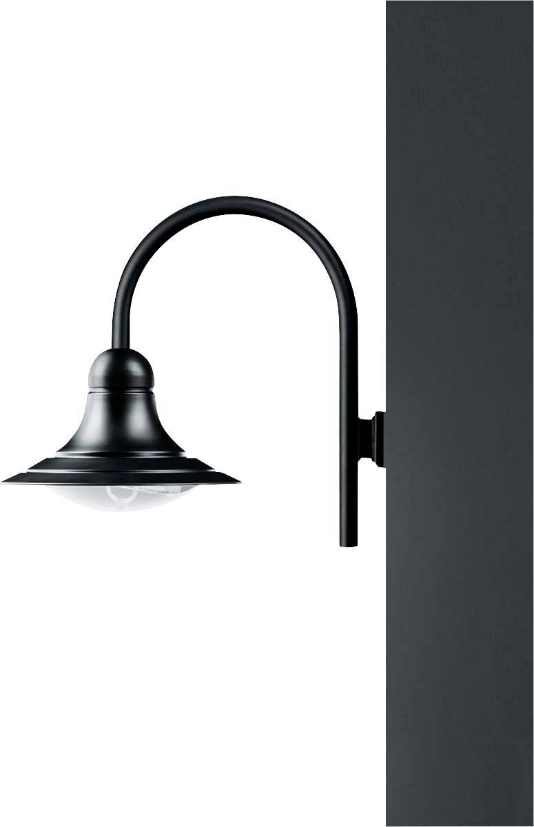 Schwarze Wandleuchte mit gebogenem Arm und gläsernem Lampenschirm, montiert an einer vertikalen Oberfläche.