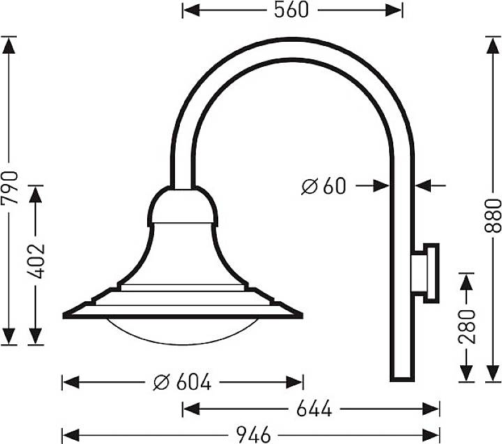Technische Zeichnung einer Wandlampe mit den Maßen in Millimetern: Breite 560 mm, Höhe 880 mm, Tiefe 946 mm, Ausladung 644 mm.