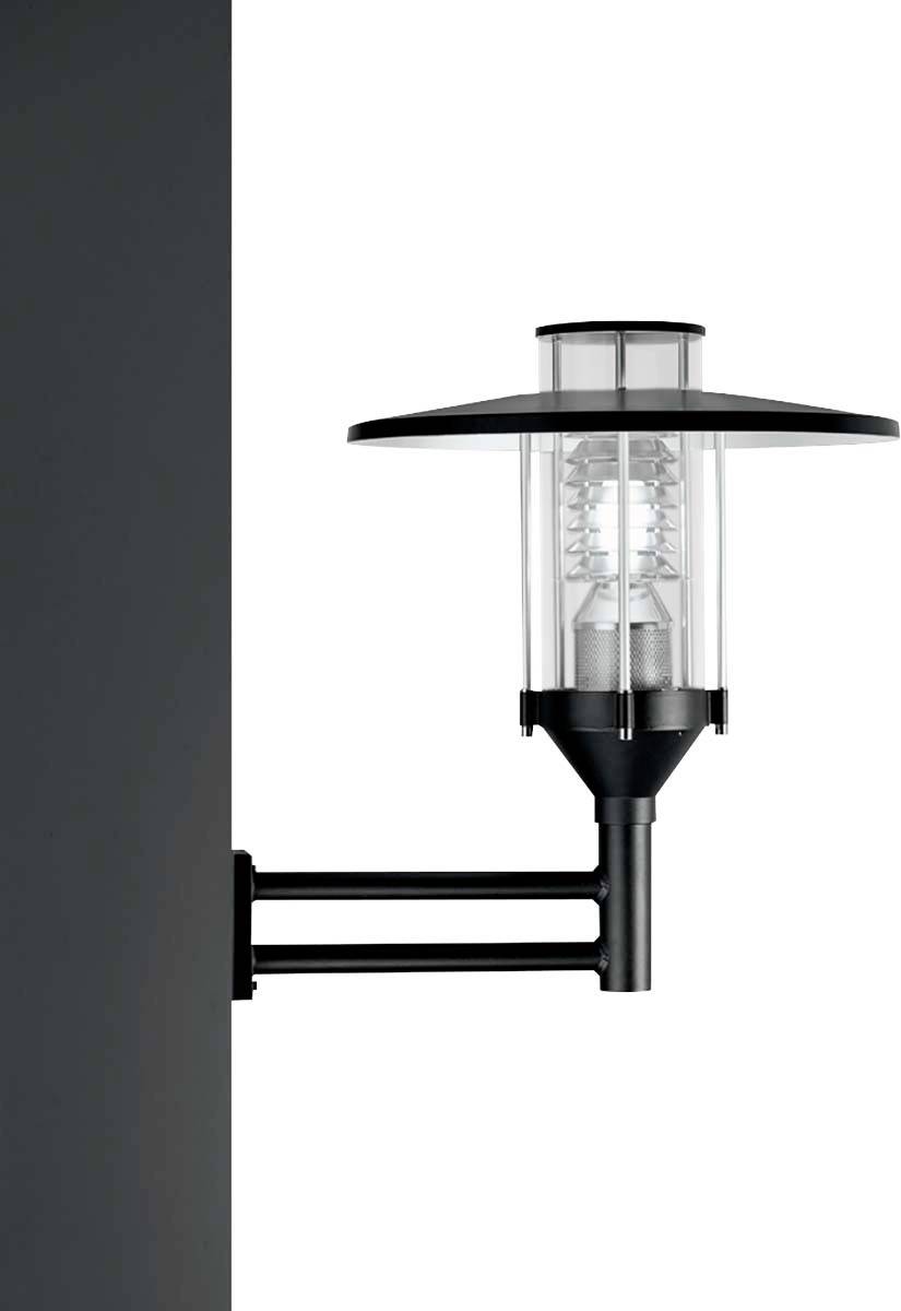 Schwarze, moderne Außenleuchte mit Glaszylinder und flachem Dach; montiert an einer Wand.