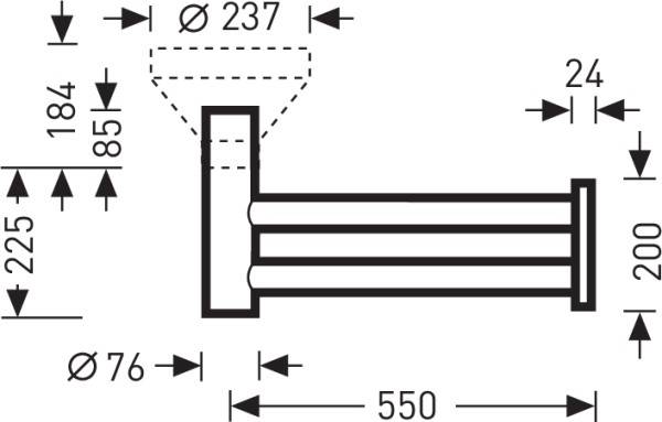 Technische Zeichnung eines mechanischen Teils mit den Maßen: Durchmesser 76 mm, Höhe 225 mm, Breite 550 mm; zusätzliche Maße angegeben.