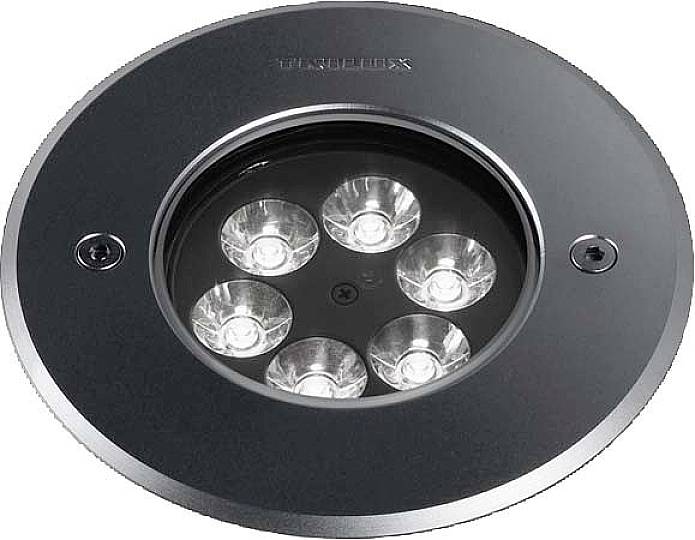 Runde Einbauleuchte mit sechs LED-Lampen, silberner Rahmen. Ideal für Bodenbeleuchtung in Außenbereichen.