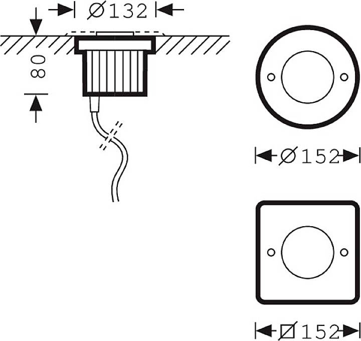 Technische Zeichnung eines runden Einbaustrahlers mit Maßen: Durchmesser 132 mm, Tiefe 80 mm. Obenansicht zeigt runde und quadratische Rahmenoptionen.