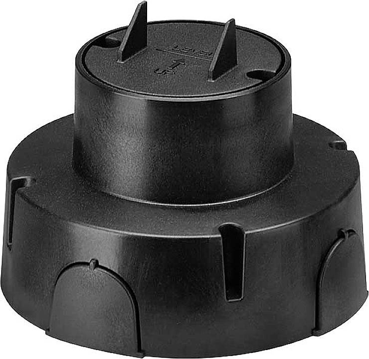 Schwarzer Kunststoffsockel mit abgerundeten Kanten und zwei kleinen, abstehenden Elementen oben. Verwendet zur Höhenverstellung.