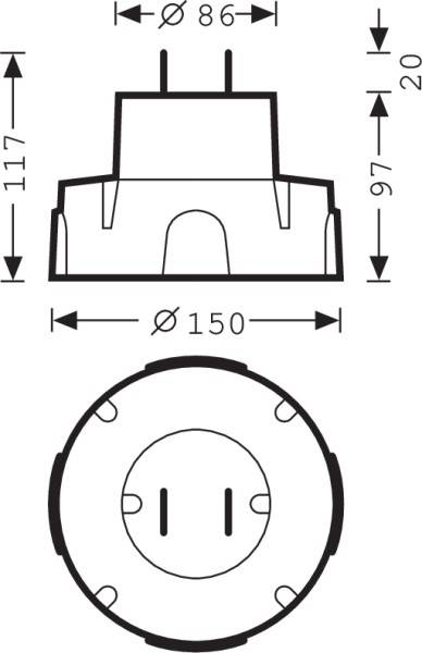 Technische Zeichnung eines zylindrischen Bauteils mit Maßen: Höhe 117, Breite 86, Basisdurchmesser 150, Oberteil 97 und Tiefe 20.