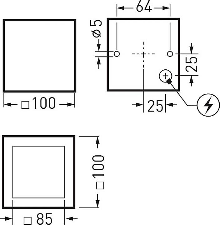 Technische Zeichnung: Maße eines quadratischen Objekts sind 100x100 mm Außenkante, 85x85 mm Innenkante, Bohrloch Ø5 bei 25 mm Mitte.