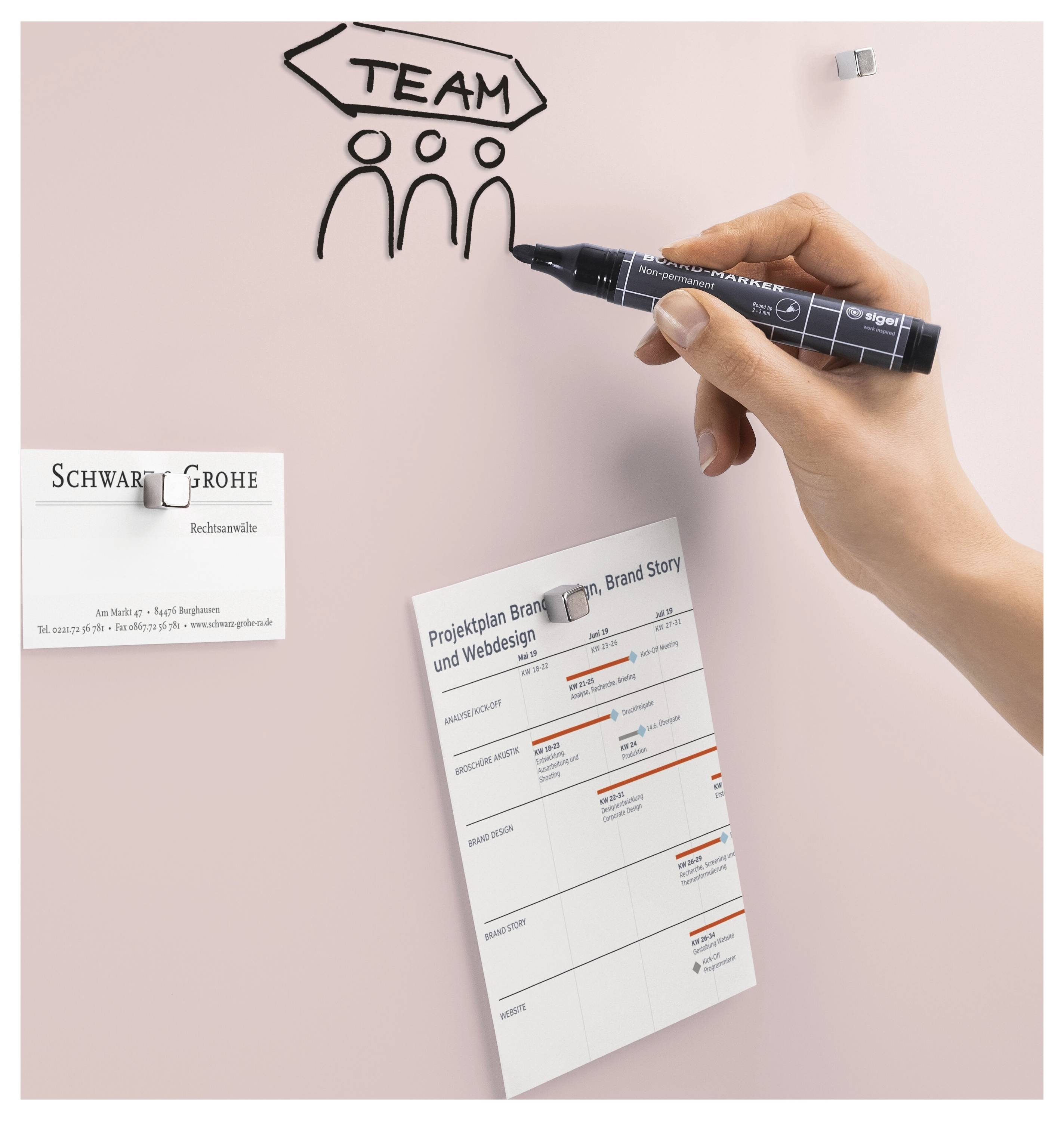 Handzeichnung von drei Personen unter einem "TEAM"-Label auf einer rosa Wand, mit einem Marker in der Hand und einem angehefteten Projektplan darunter.