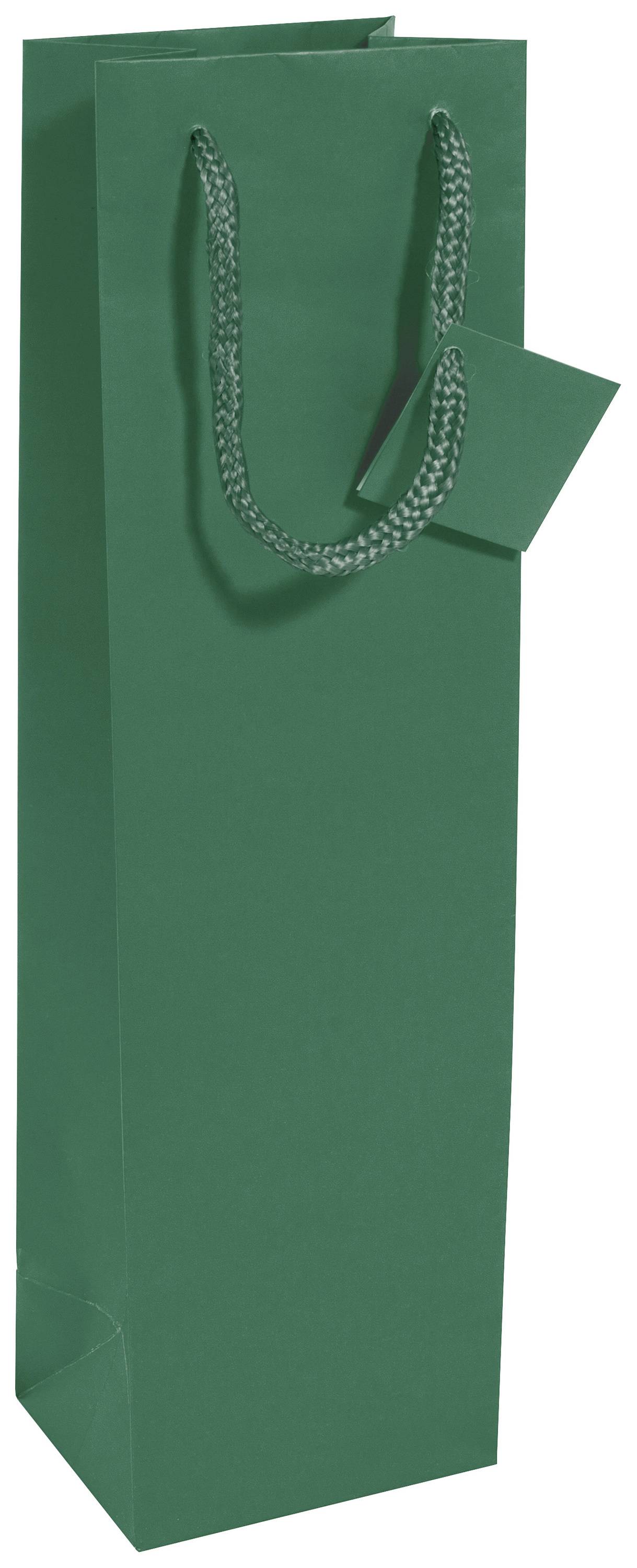Grüne Geschenktasche mit Tragegriff und Anhänger, schmal und hoch, geeignet für Flaschen.