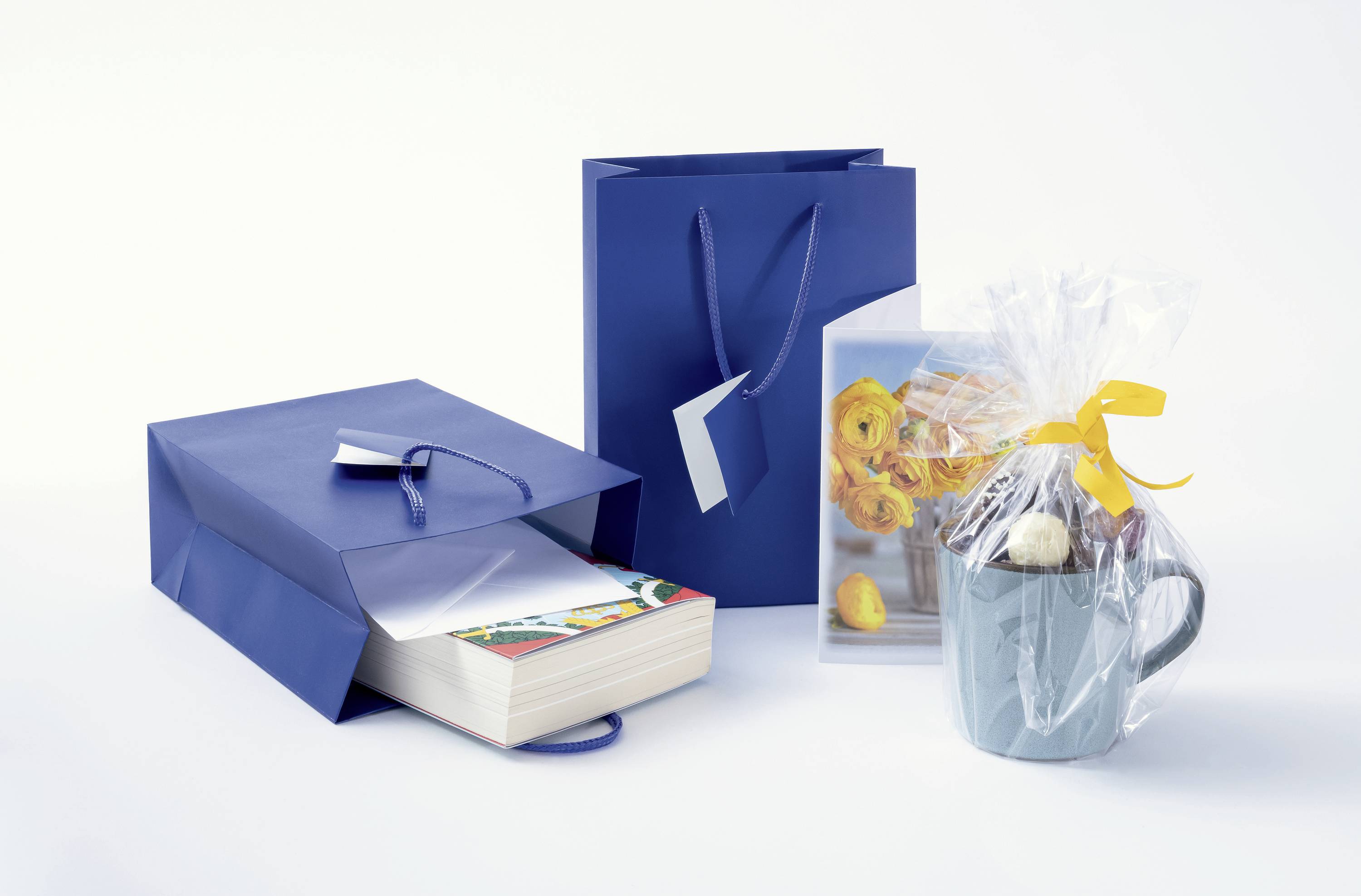 Blaue Geschenktüten mit Buch und Geschenktasse. Das Bild zeigt Geschenkverpackungen und gibt eine Idee für das Verpacken von Geschenken.