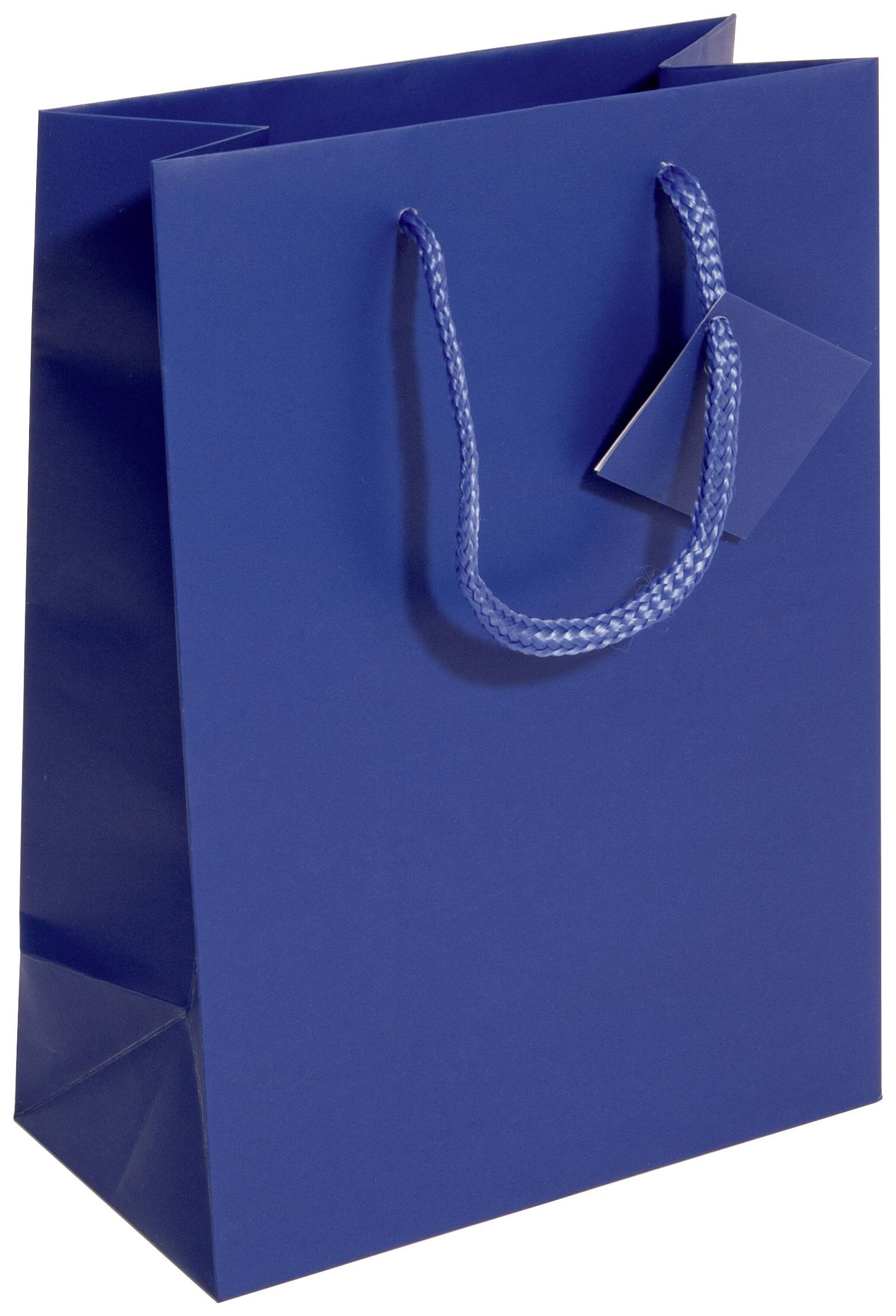 Blaue Geschenktüte mit tragfähigem Henkel und kleinem Etikett, bereit zum Verpacken von Geschenken.