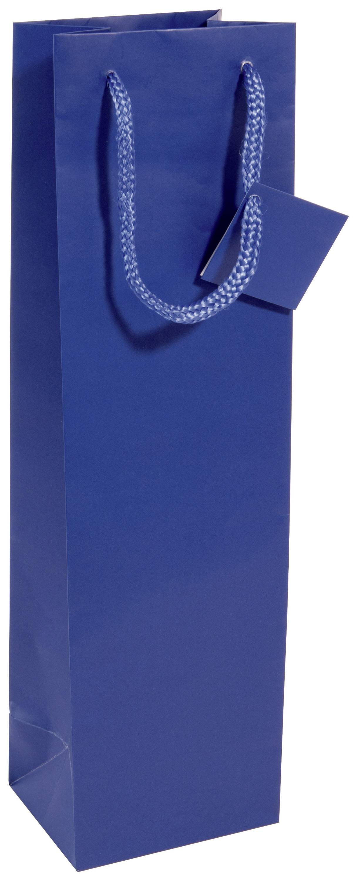 Blaue Geschenktasche aus Papier mit Kordelgriff und kleinem Anhang. Geeignet für längliche Geschenke wie Weinflaschen.