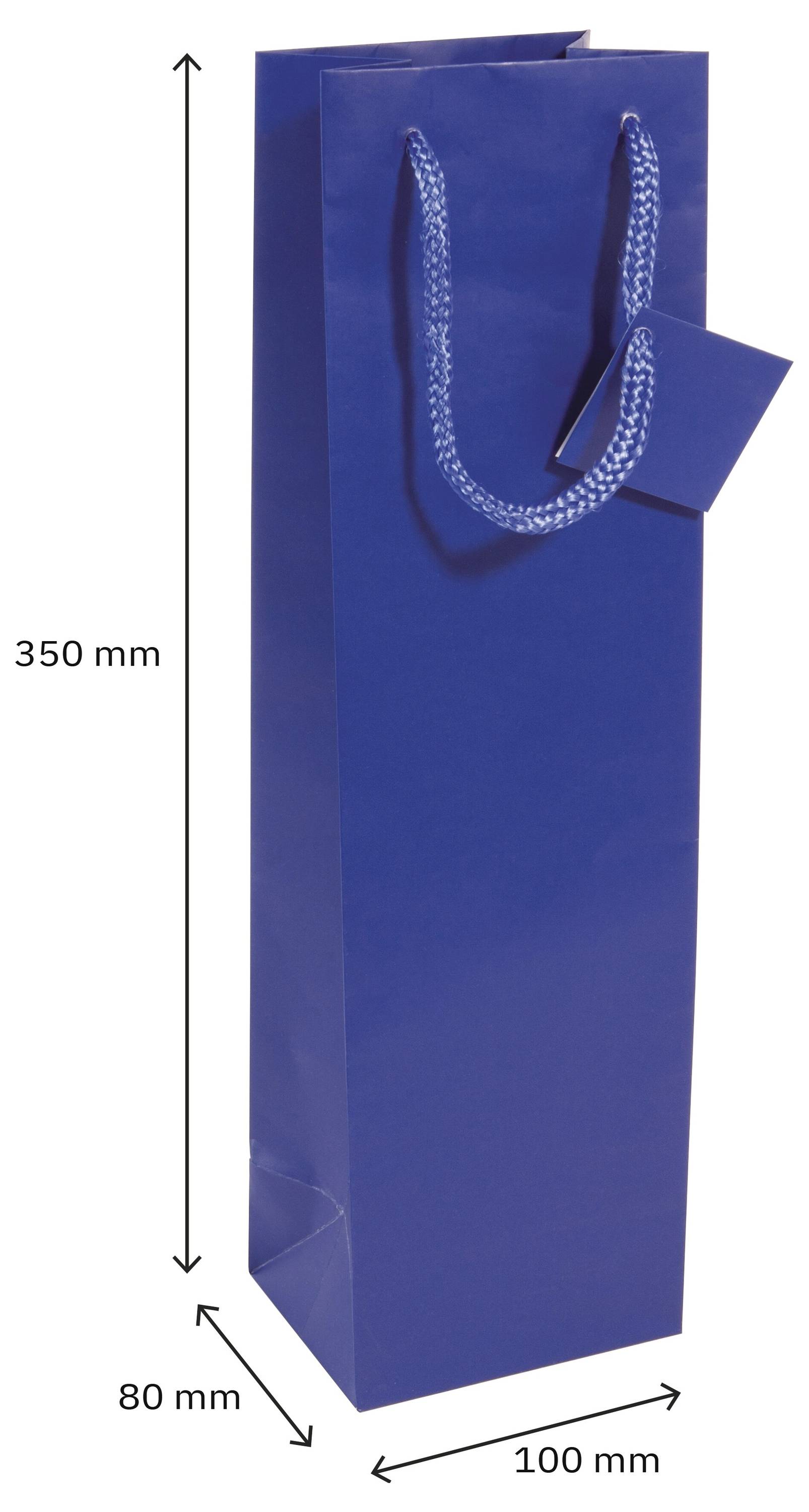 Blaue Papiertragetas mit Abmessungen: 350 mm hoch, 100 mm breit und 80 mm tief.