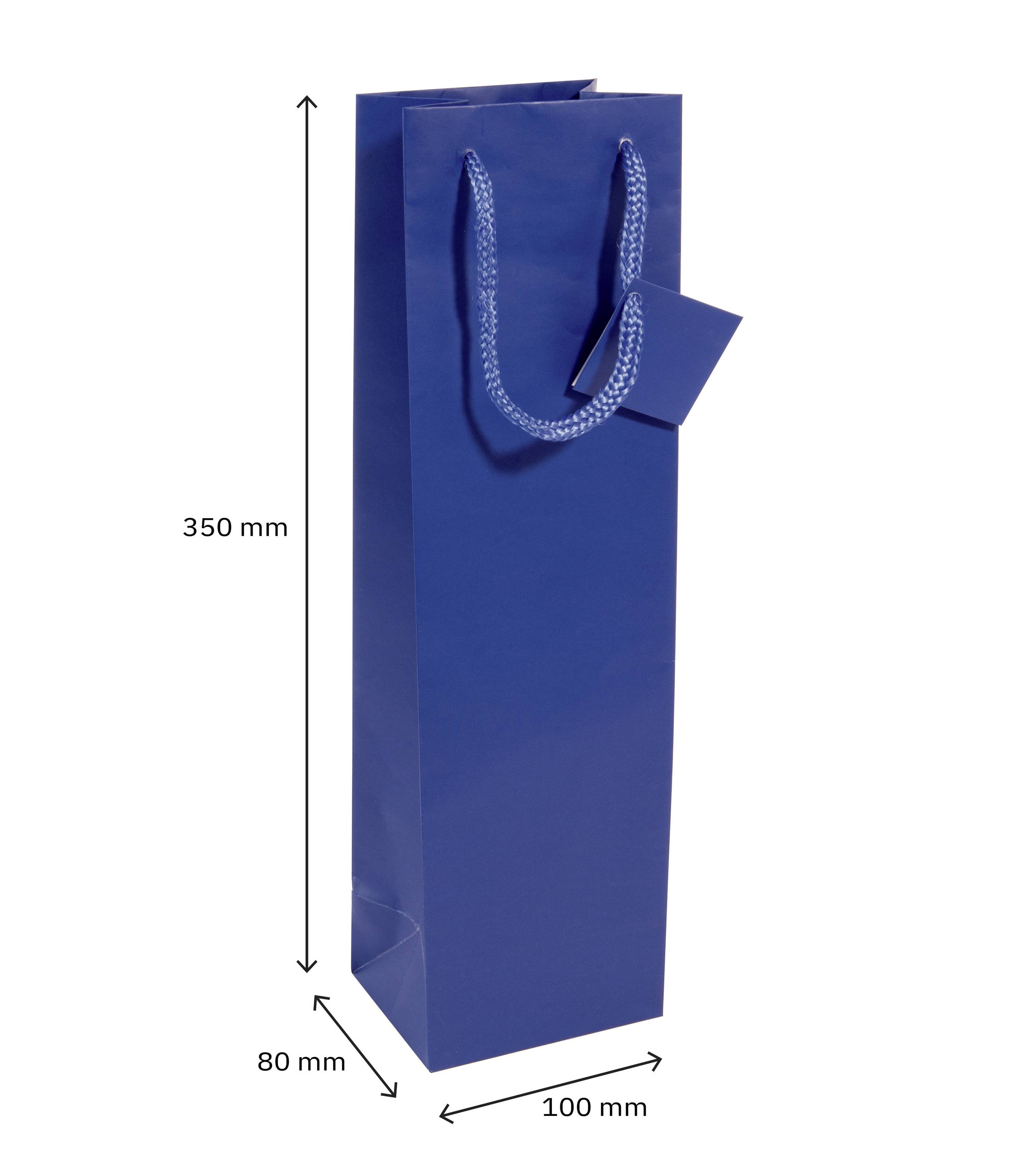 Blaue, längliche Geschenktüte mit Kordelgriff, 350 mm hoch, 100 mm breit und 80 mm tief.