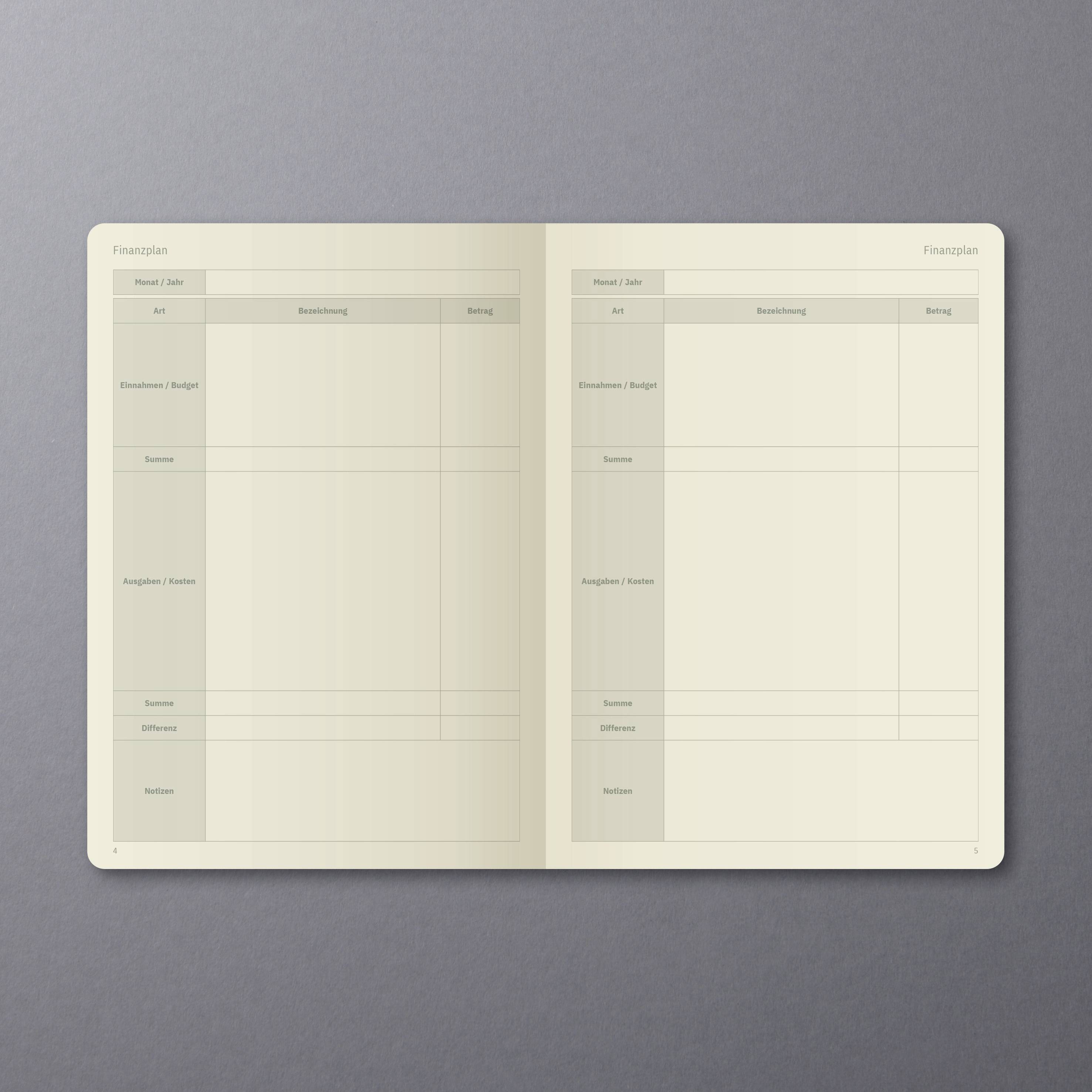 Offenes Notizbuch mit Finanzplan-Layout auf grauem Hintergrund. Spalten mit 'Monat/Jahr', 'Beschreibung' und 'Betrag'.