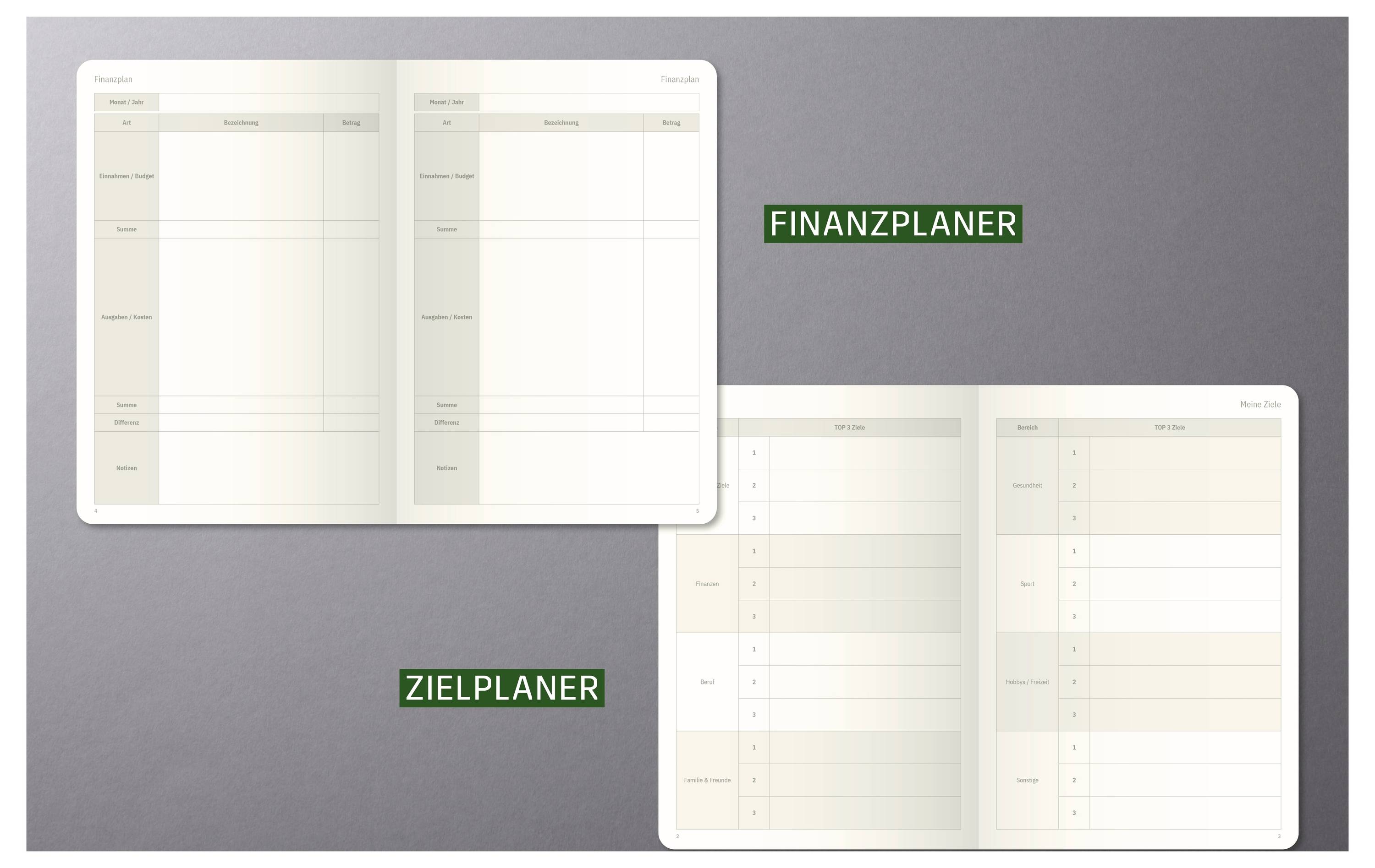 Zwei offene Planer-Seiten mit den Bezeichnungen „FINANZPLANER" und „ZIELPLANER" auf grauem Hintergrund, die strukturierte Layouts zur Finanzplanung und Zielplanung zeigen.