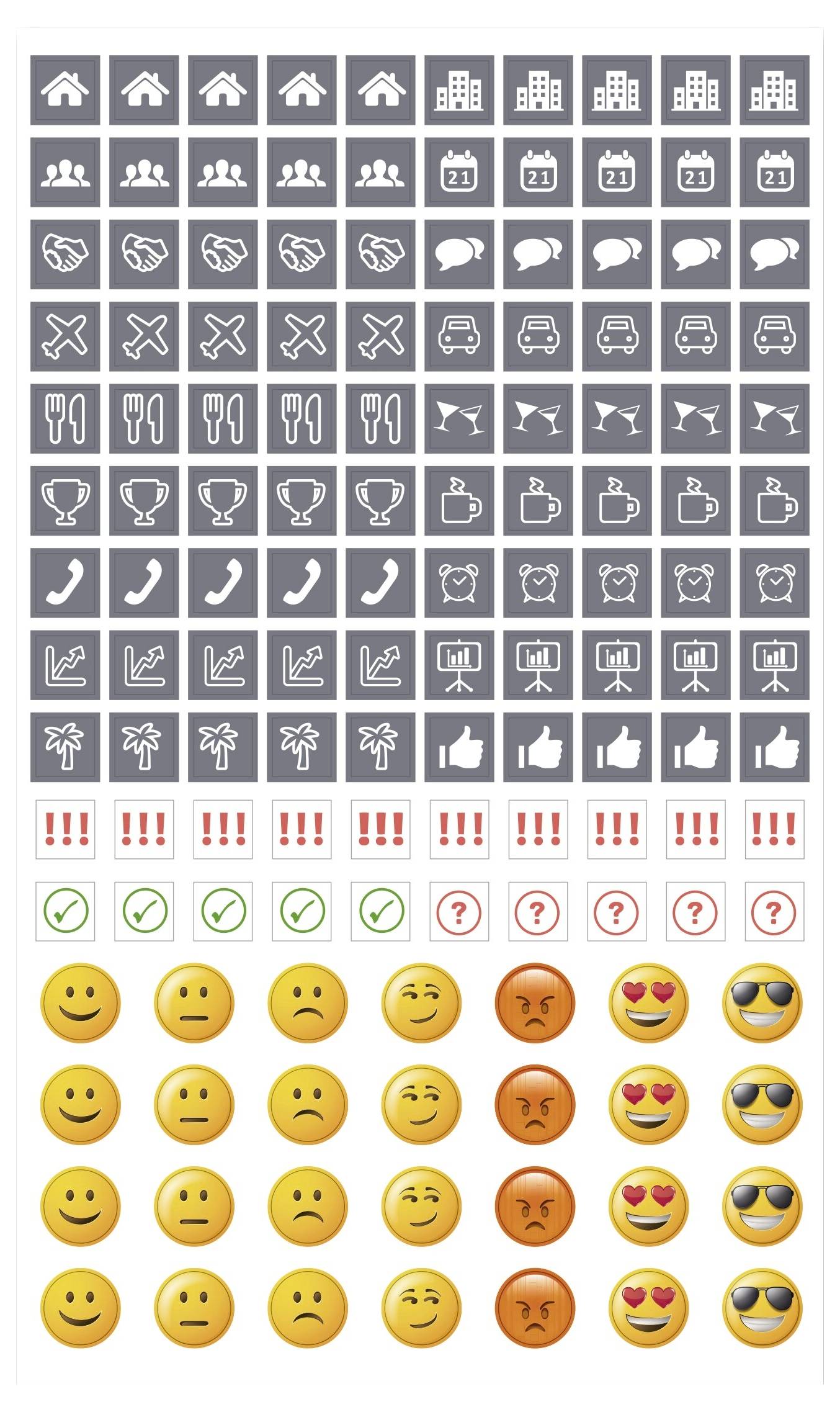 Ein Raster von Icon-Mustern: Kategoriesymbole für Startseite, Personen, Gebäude, Kalender, Handschlag, Chat, Reisen, Gastronomie, Auszeichnungen, Telefon, Uhr, Diagramme, Palmen, Daumen hoch, Warnzeichen, Häkchen, Fragezeichen und Emoji-Gesichter.