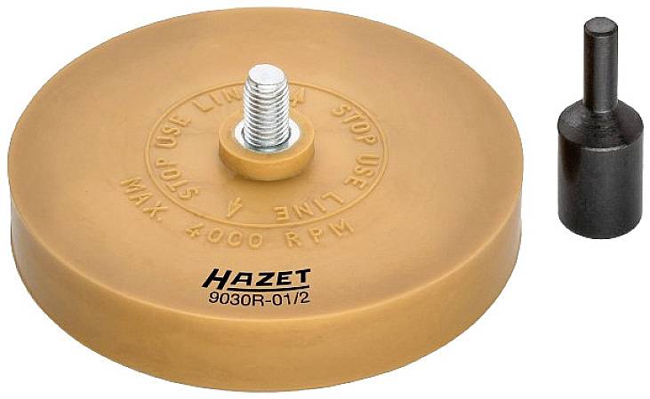 Zwei Teile: Eine runde, orange Schleifscheibe mit Metallbolzen und Angabe 'HAZET' für 4000 U/min, daneben ein schwarzer Adapter.