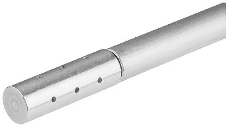 Ein silbernes, zylinderförmiges Metallrohr mit mehreren Löchern entlang der Seite.