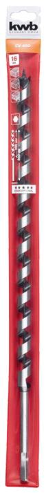 Bohrer in roter Verpackung, Marke 'kwb', Größe 16 mm. Geeignet für Holzarbeiten. Verpackung zeigt Spiralform des Bohrers.
