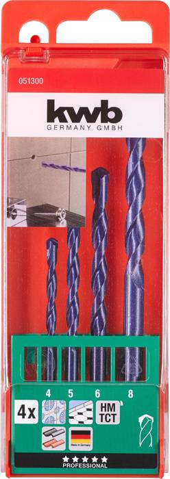 'Verpackung mit vier blauen Bohrern verschiedener Größen für Fliesen.’