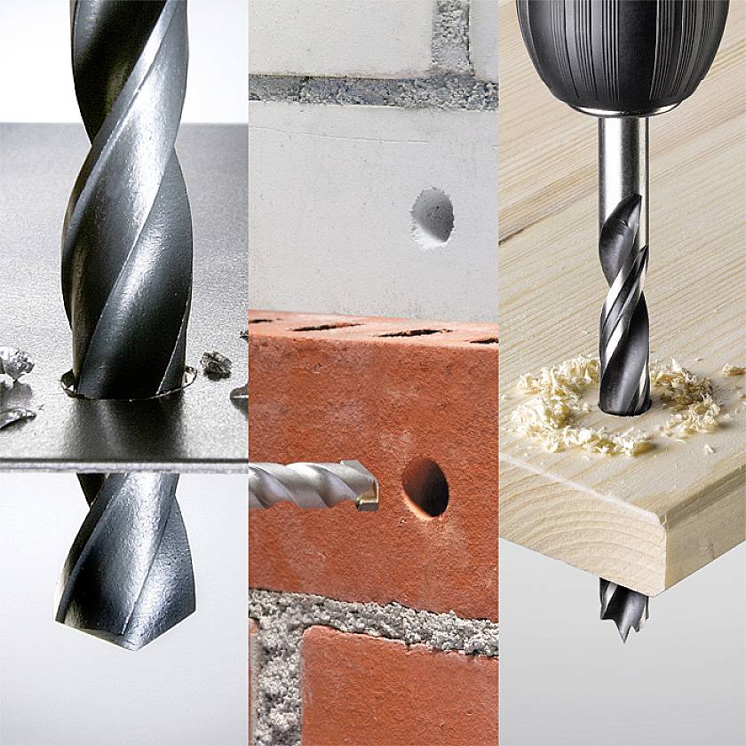 Drei Bohrer: Metallbohrer in Metall, Steinbohrer in Beton, Holzbohrer in Holz. Jede zeigt spezifisches Material und Anwendung.