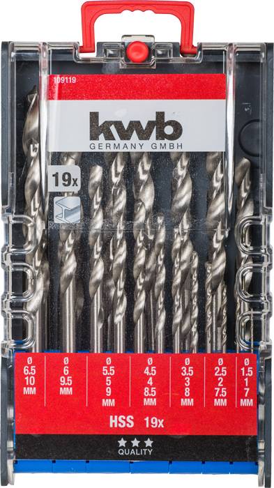 Kwb 109119 HSS Metall-Spiralbohrer-Set 19teilig 1 mm, 1.5 mm, 2 mm, 2.5 mm, 3 mm, 3.5 mm, 4 mm, 4.5 mm, 5 mm, 5.5 mm, 6 mm, 6.5