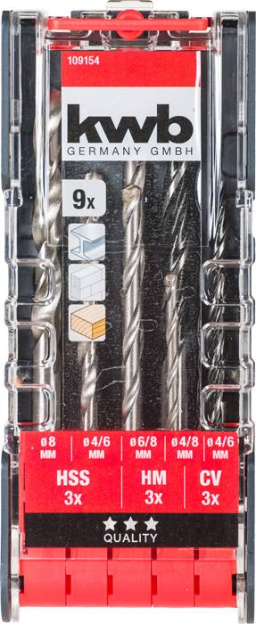 'Bohrer-Set' von KWB mit 9 Teilen für verschiedene Materialien. Enthält HSS, HM, CV Bohrer mit Durchmessern von 4 bis 8 mm.