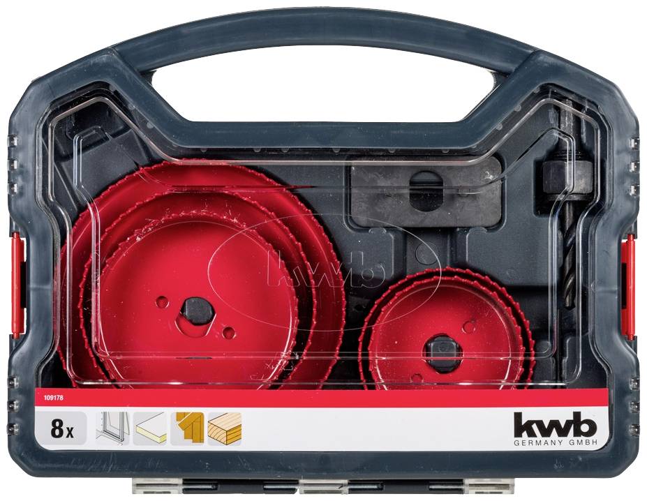 Rotes Lochsägenset in einer durchsichtigen Kunststoffbox mit schwarzem Griff. Enthält mehrere Aufsätze unterschiedlicher Größe.