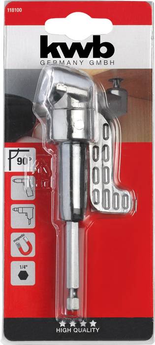 'kwb GERMANY GMBH' Winkel-Schraubaufsatz in Blisterverpackung, abgebildet mit verschiedenen Aufsätzen und Einsatzmöglichkeiten.