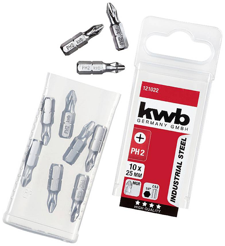 Werkzeug-Set mit mehreren Schraubendreher-Bits und einer Verpackung von 'kwb GERMANY GMBH', Größe PH 2, 10 Stück, 25 mm.