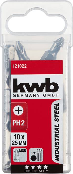 Eine Verpackung 'kwb Germany GmbH' mit 10 Schraubendreher-Bits, Größe PH2, 25 mm Länge. Made of 'Industrial Steel'.