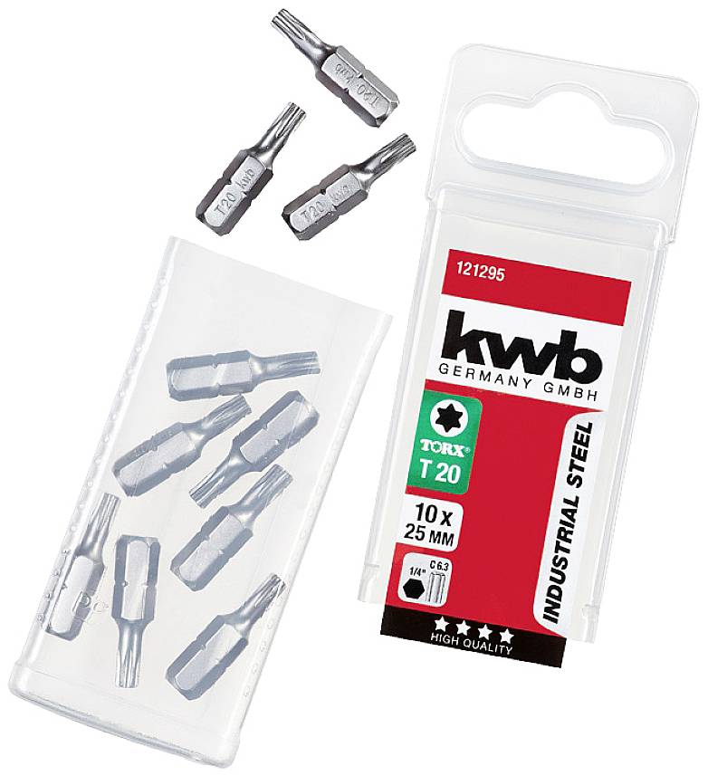 'kwb Torx T20 Bitsatz' zeigt einen Satz von zehn Schrauberbits in einer Verpackung. Die Bits sind aus Industrienstahl, Größe T20, 25 mm lang.