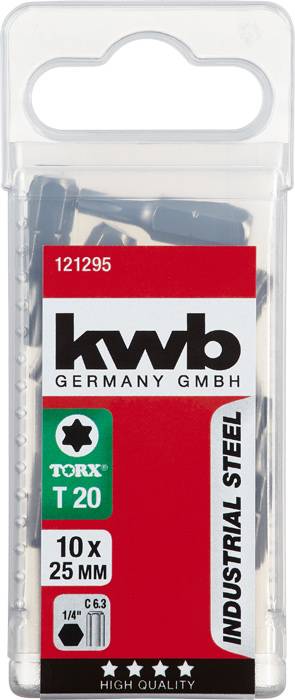 'kwb Germany GmbH', Packung mit Torx T20 Schraubbits, 10 Stück, 25 mm Länge. Marke: 'INDUSTRIAL STEEL', hochwertig.