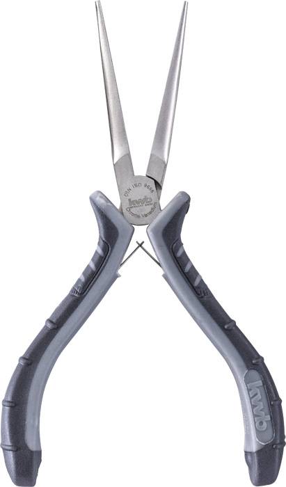Eine Zange mit langen, spitzen Backen und ergonomischen Griffen. Ideal für präzise Arbeiten in der Feinmechanik oder Elektronik.