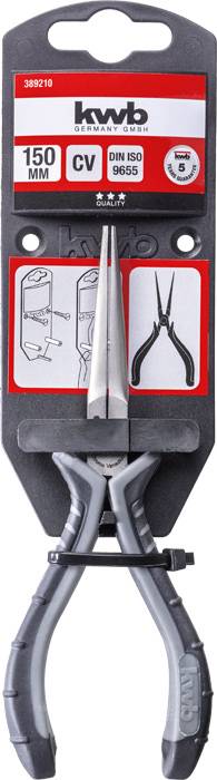 Verpackung einer KWB-Langzange. Die Zange ist 150 mm lang und für präzise Arbeiten geeignet. Verpackung zeigt Anwendungsskizzen.
