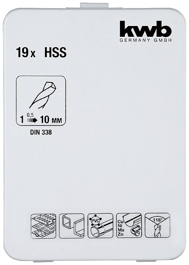 Verpackung eines 19-teiligen HSS-Bohrersets von 'kwb GERMANY GMBH', geeignet für Materialien wie Holz, PVC, Metall, Durchmesser 1-10 mm.