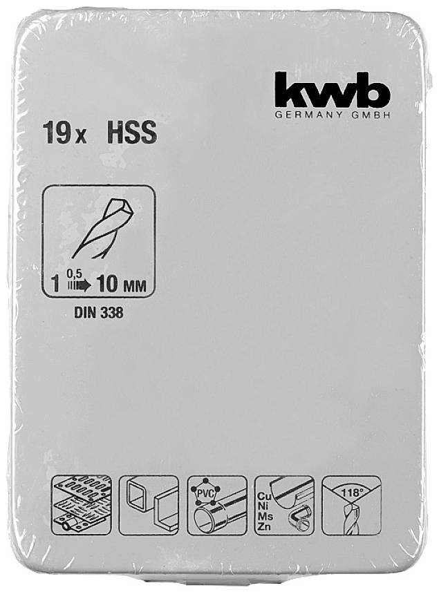 '19 x HSS 1-10 mm DIN 338' Bohrersatz von KWB, geeignet für Metall, Kunststoff und Holz. Verpackung beschreibt Anwendungen und Maße.